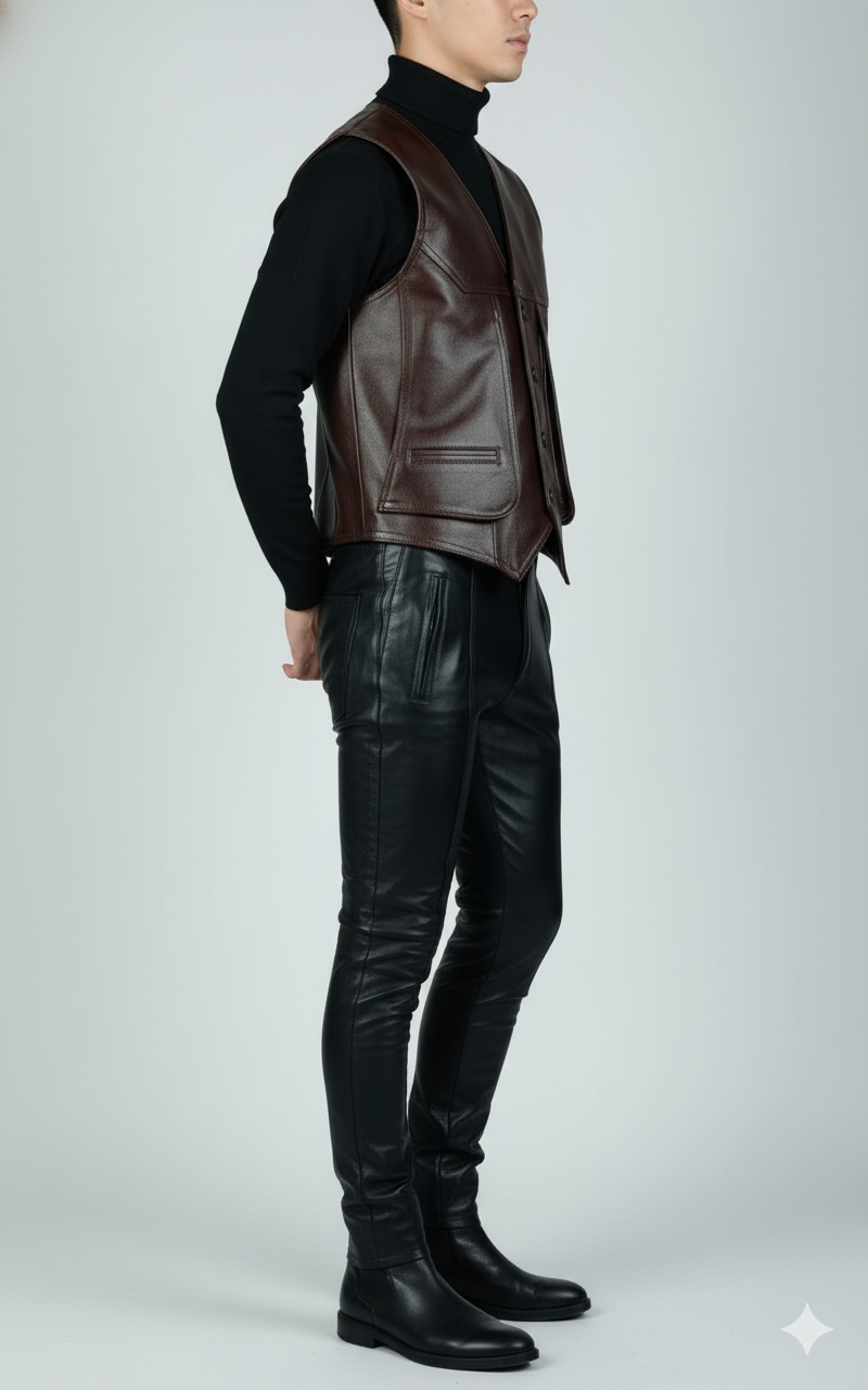 Men's classic dark brown leather waistcoat with a V-neck, button-front closure, and flap pockets.
