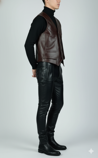 Men's classic dark brown leather waistcoat with a V-neck, button-front closure, and flap pockets.