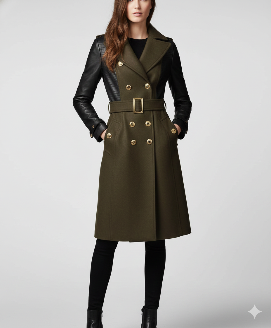 Women's olive green mixed-media military trench coat with black quilted leather sleeves and gold buttons.