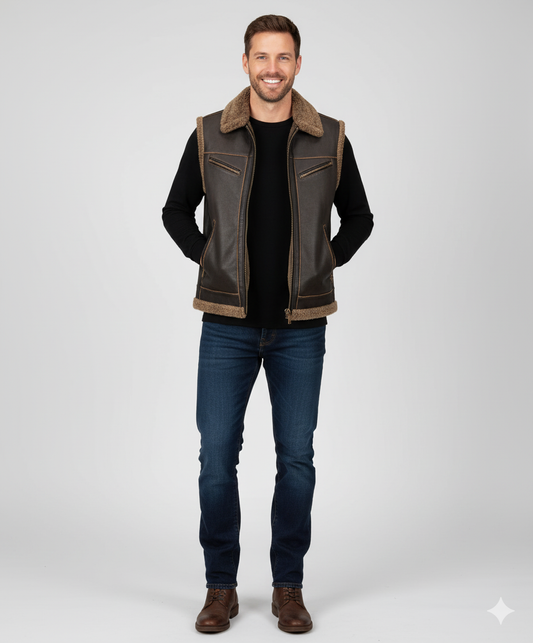 Men's brown leather aviator vest with full-zip front and tan shearling fleece collar and trim.