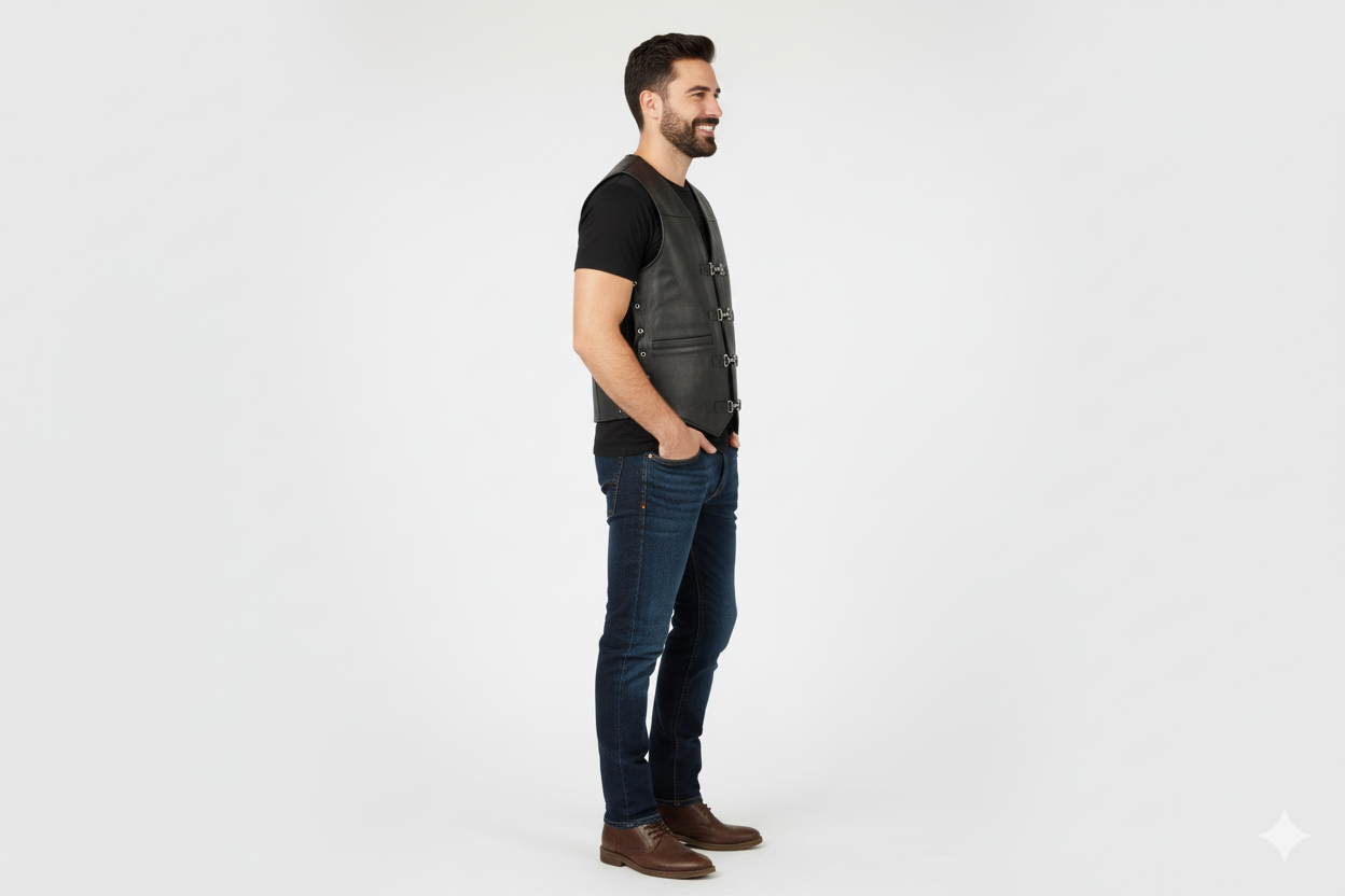 Classic black leather punk/rocker style vest with prominent lapels and zippered pockets.