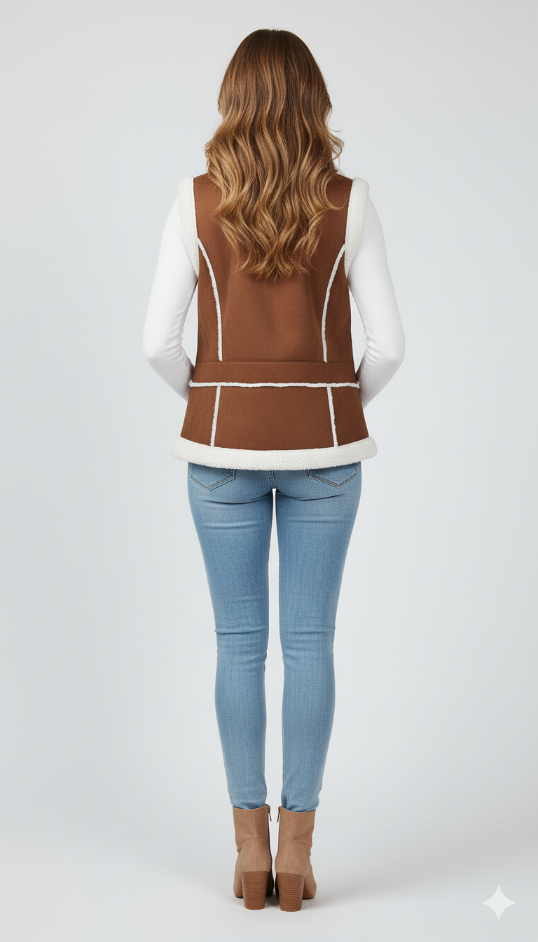 Brown faux suede sherpa vest paired with light blue jeans and matching brown suede ankle boots.