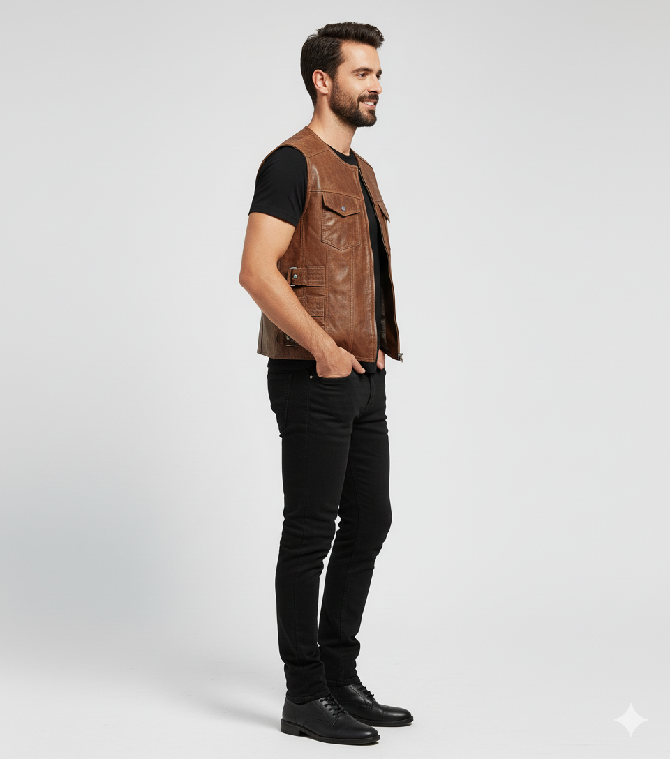 Close-up of the smooth dark brown leather and the plush brown fur aviator collar and hem trim.