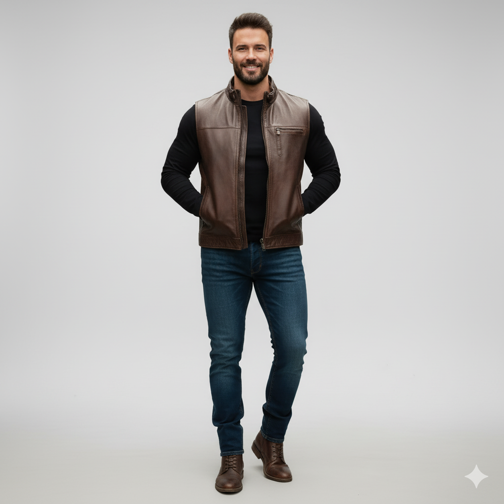 Full-length photo of a man wearing a brown leather trucker-style vest over a black sweater and dark grey jeans.