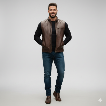 Full-length photo of a man wearing a brown leather trucker-style vest over a black sweater and dark grey jeans.