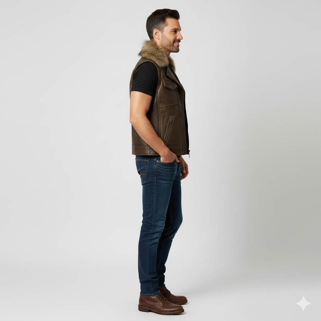 Close-up of a brown leather vest showing the lapels, fur collar, and multiple zippered pockets.