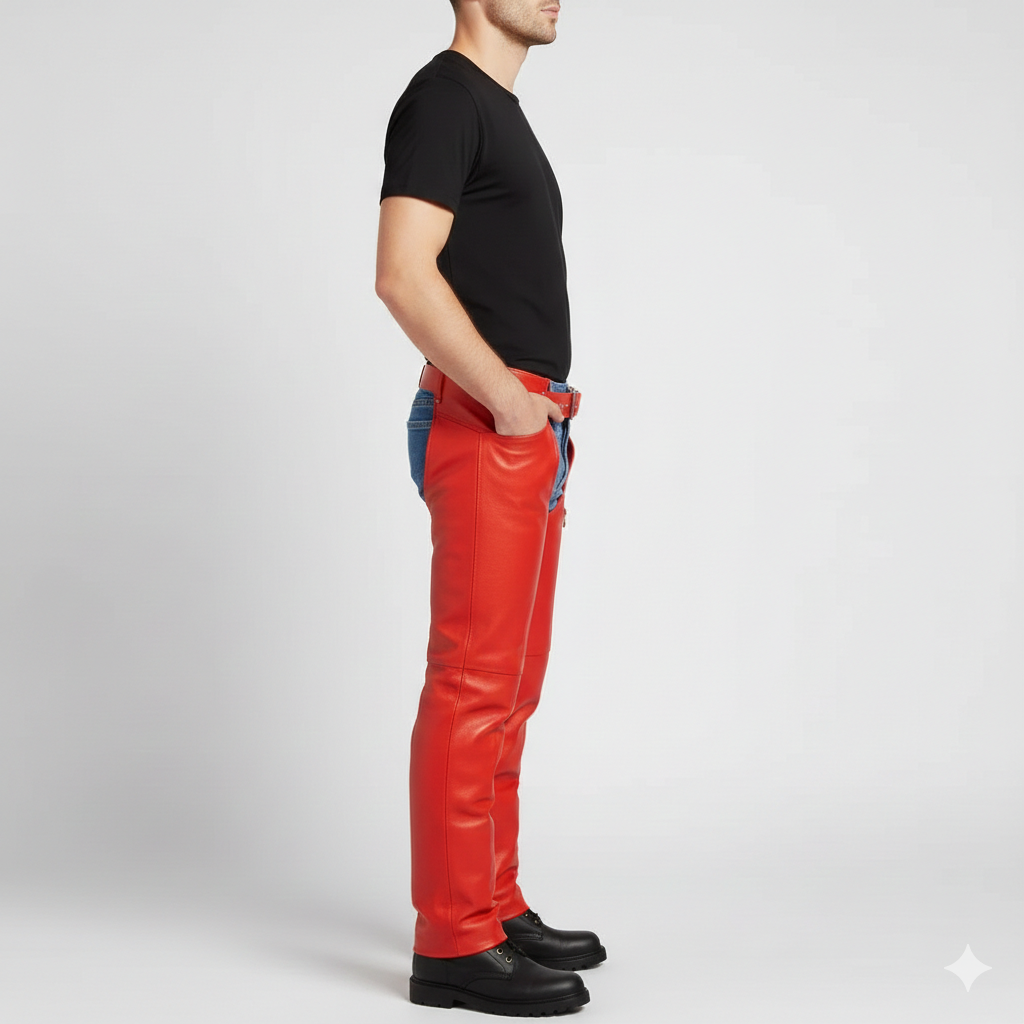 Close-up of the metallic buckle and side-entry utility zipper on vibrant red grain leather biker chaps.