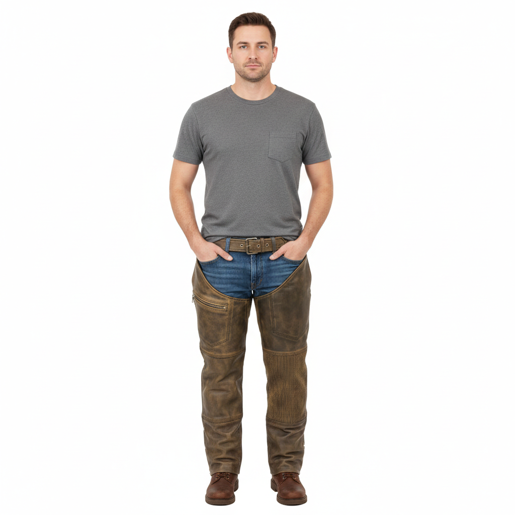 Men's ironwood brown distressed leather tactical chaps with ribbed utility panel and thigh zipper.