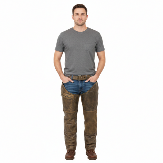 Men's ironwood brown distressed leather tactical chaps with ribbed utility panel and thigh zipper.