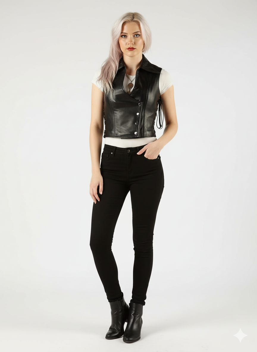 Women's black leather biker vest with a structured collar, asymmetrical snap closure, and adjustable side lacing.
