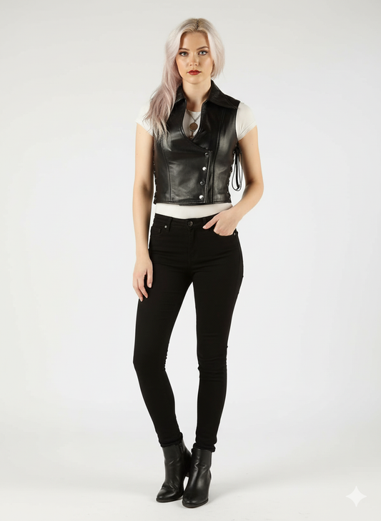 Women's black leather biker vest with a structured collar, asymmetrical snap closure, and adjustable side lacing.