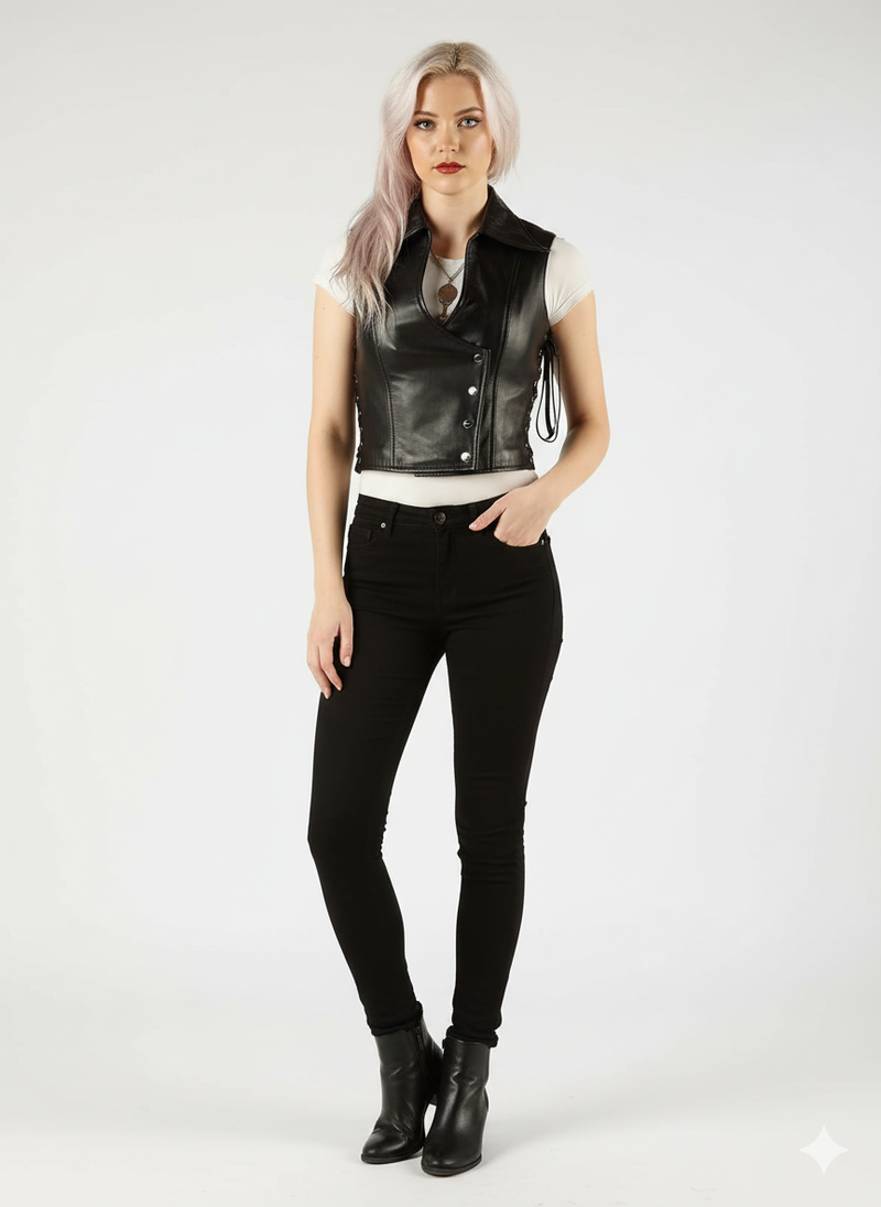 Women's black leather biker vest with a structured collar, asymmetrical snap closure, and adjustable side lacing.