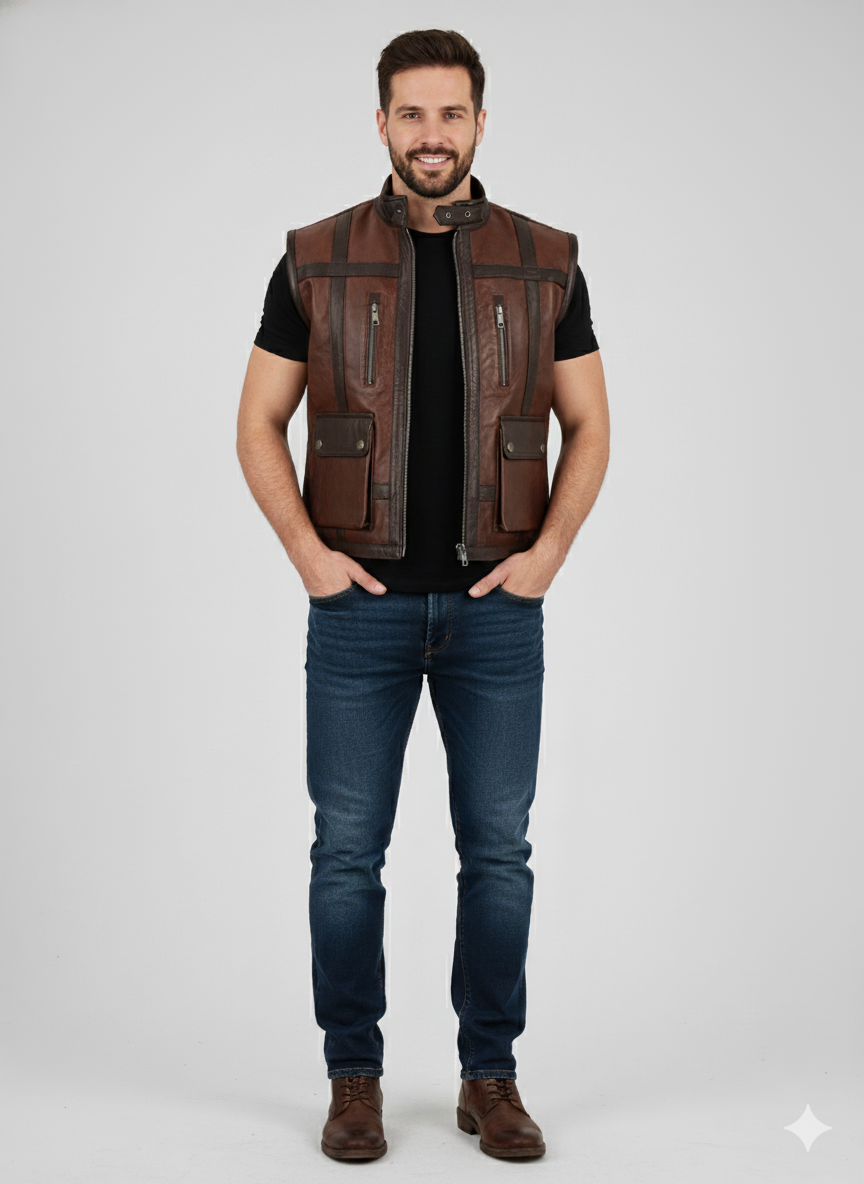 Full-length photo of a man wearing a distressed brown leather vest over a black t-shirt and Blue jeans.