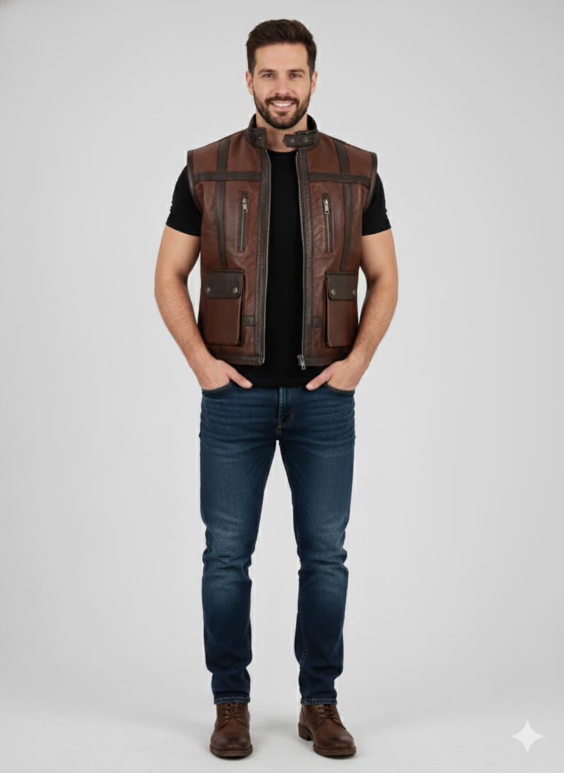 Full-length photo of a man wearing a distressed brown leather vest over a black t-shirt and Blue jeans.
