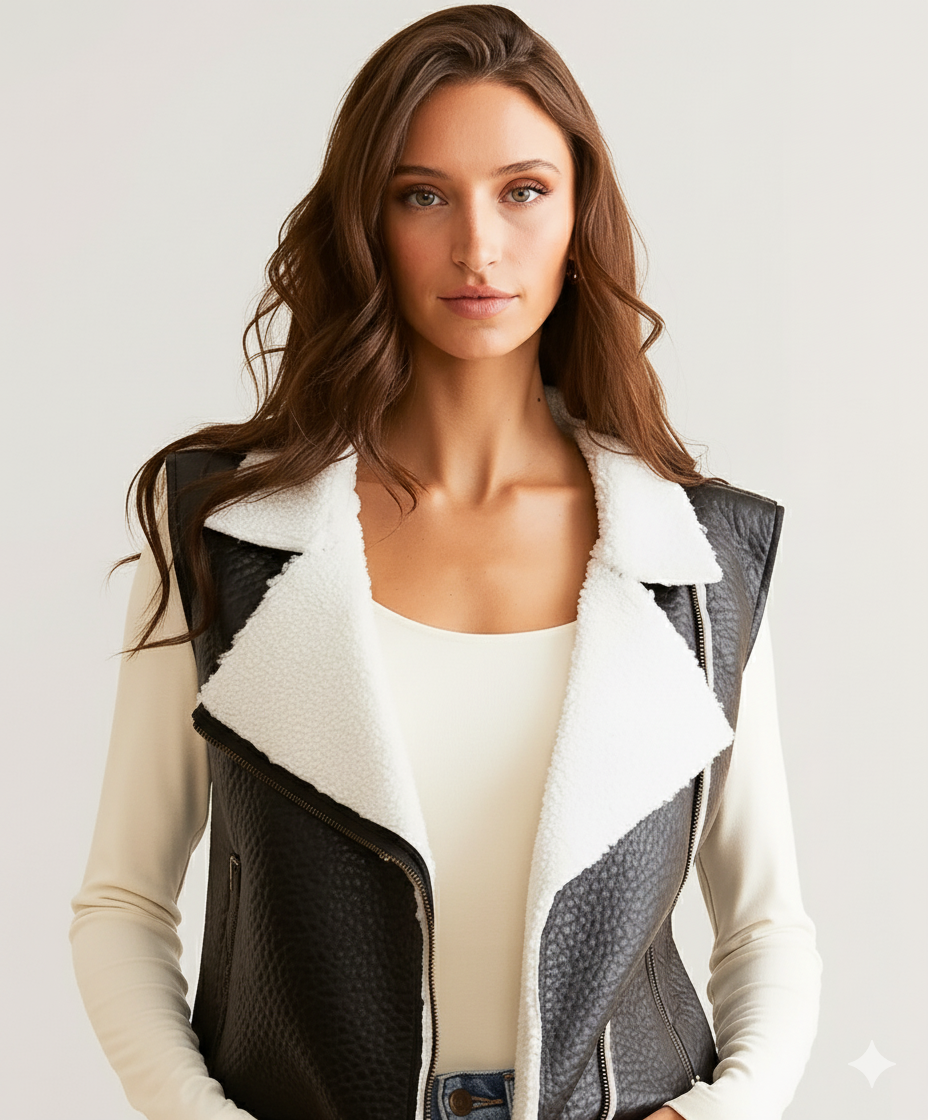 Woman wearing a black shearling-lined moto vest over a cream long-sleeve top and light blue ripped denim jeans.