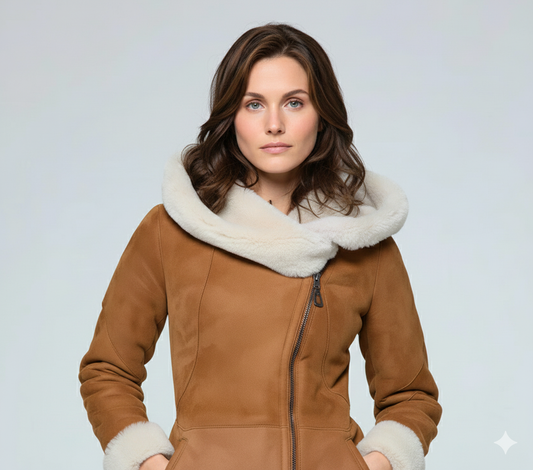 Mid-length tan suede-style jacket for women featuring cream fur lining, plush cuffs, and asymmetrical zipper.