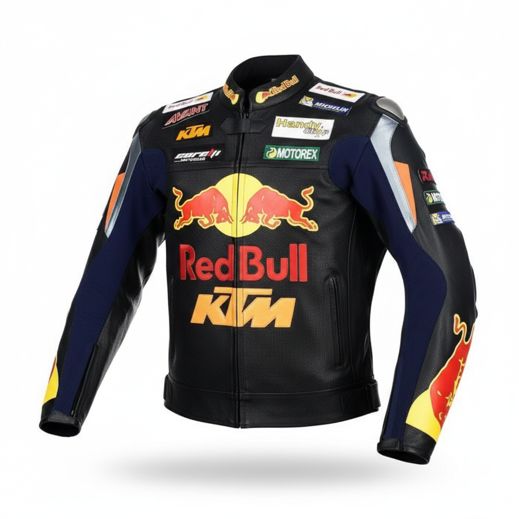 KTM Red Bull black and orange leather motorcycle racing jacket.