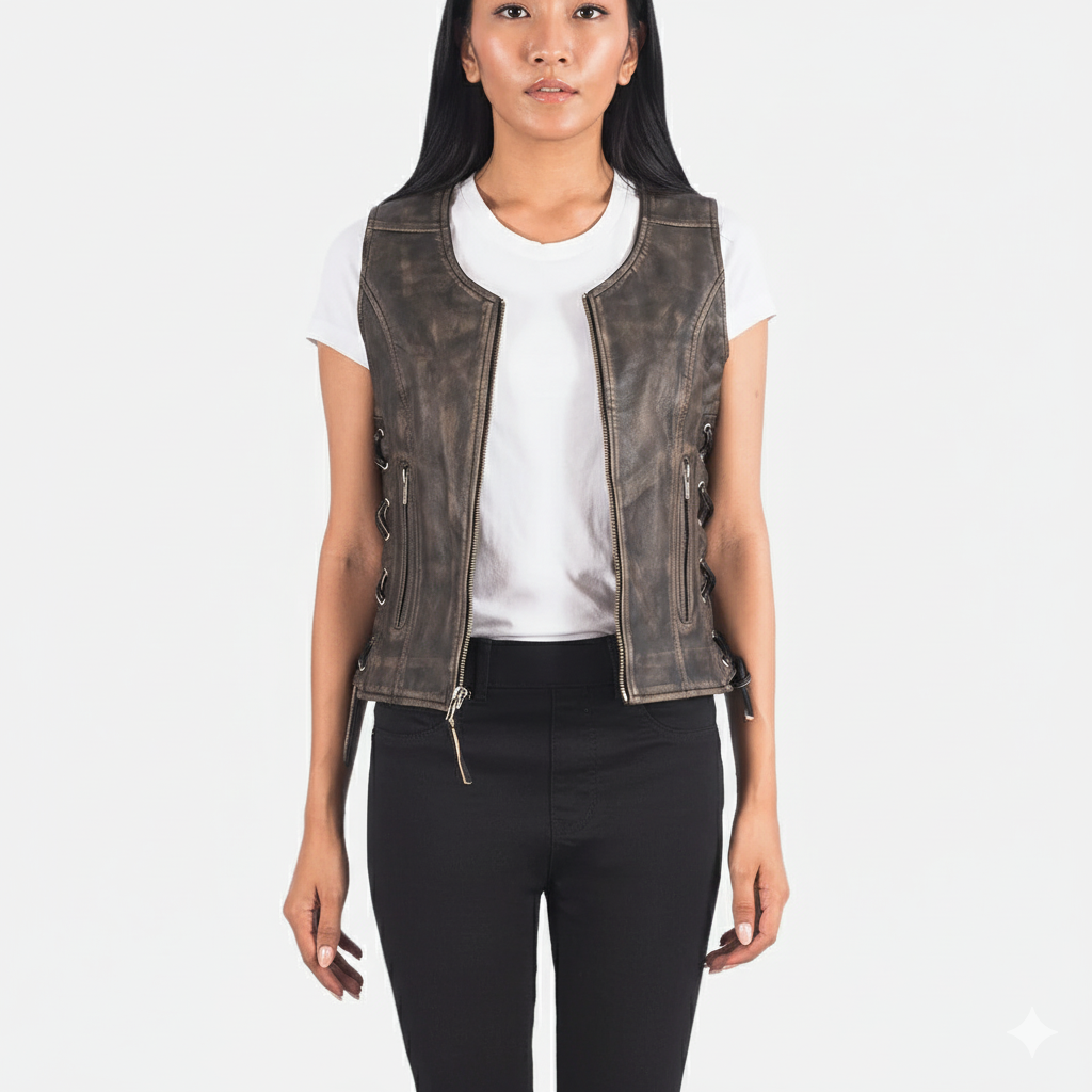 Women's fitted distressed brown leather vest with a central zipper, round collar, and adjustable lace-up sides.