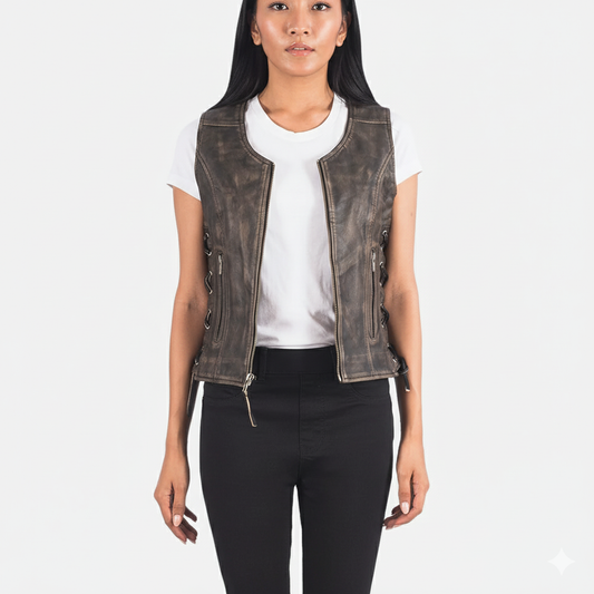Women's fitted distressed brown leather vest with a central zipper, round collar, and adjustable lace-up sides.