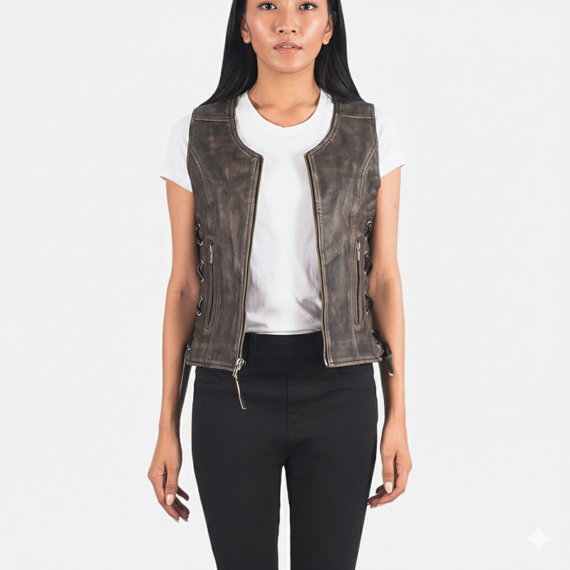 Women's fitted distressed brown leather vest with a central zipper, round collar, and adjustable lace-up sides.