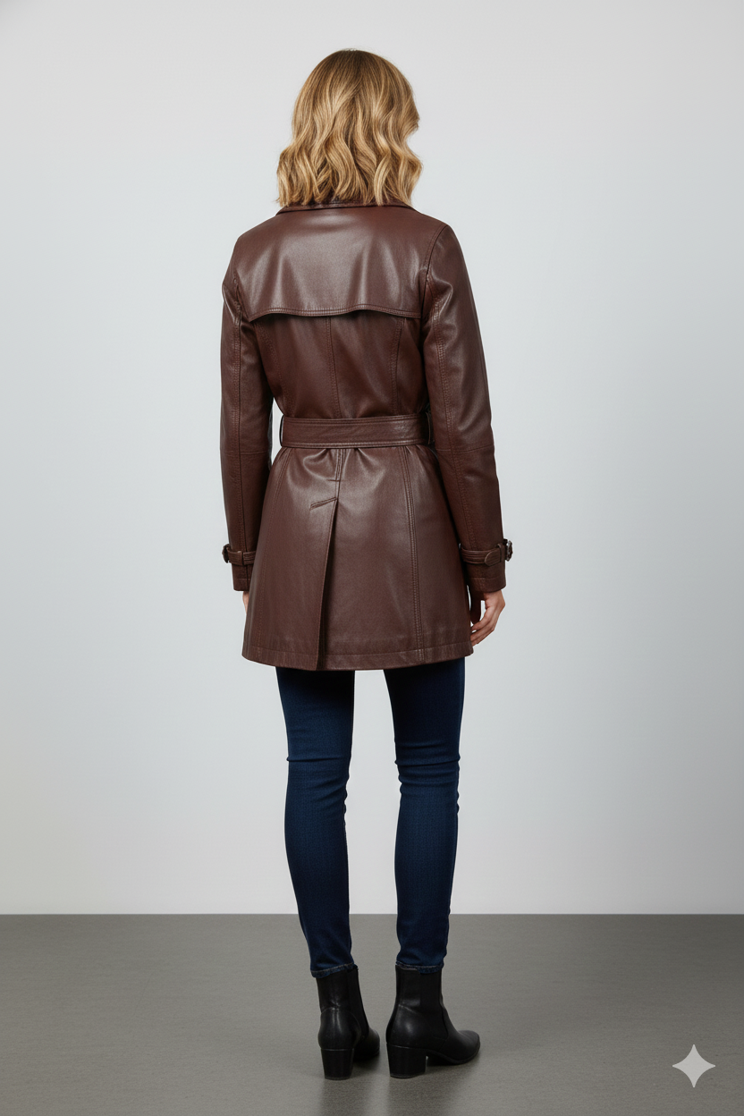 Close-up of the polished silver rectangular buckle and smooth mahogany leather texture on a premium women's jacket.