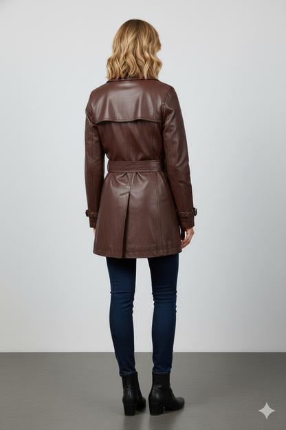 Close-up of the polished silver rectangular buckle and smooth mahogany leather texture on a premium women's jacket.