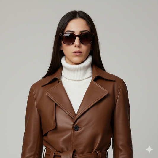 Close-up of a short-length warm brown leather-look jacket for women featuring black buttons and a matching belt.