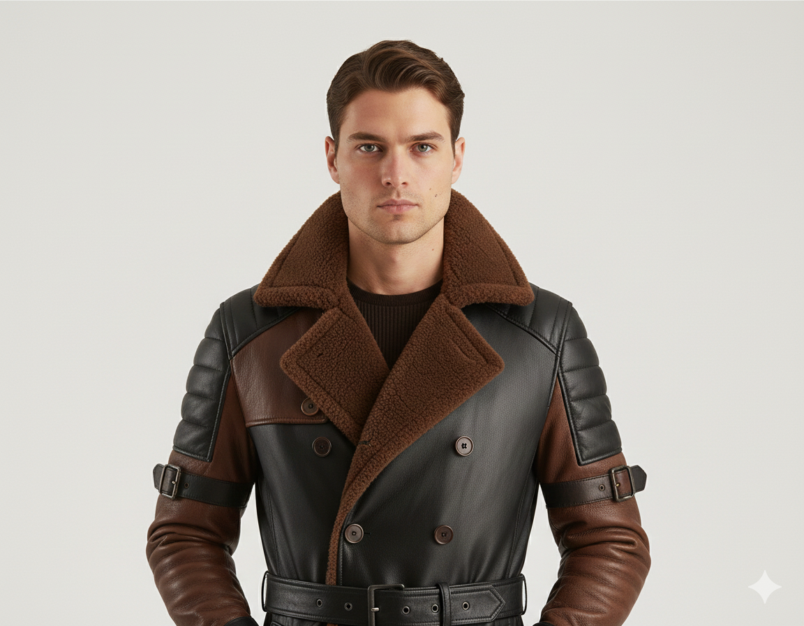 Longline leather winter overcoat for men featuring quilted brown shoulder panels and multiple buckled arm straps.
