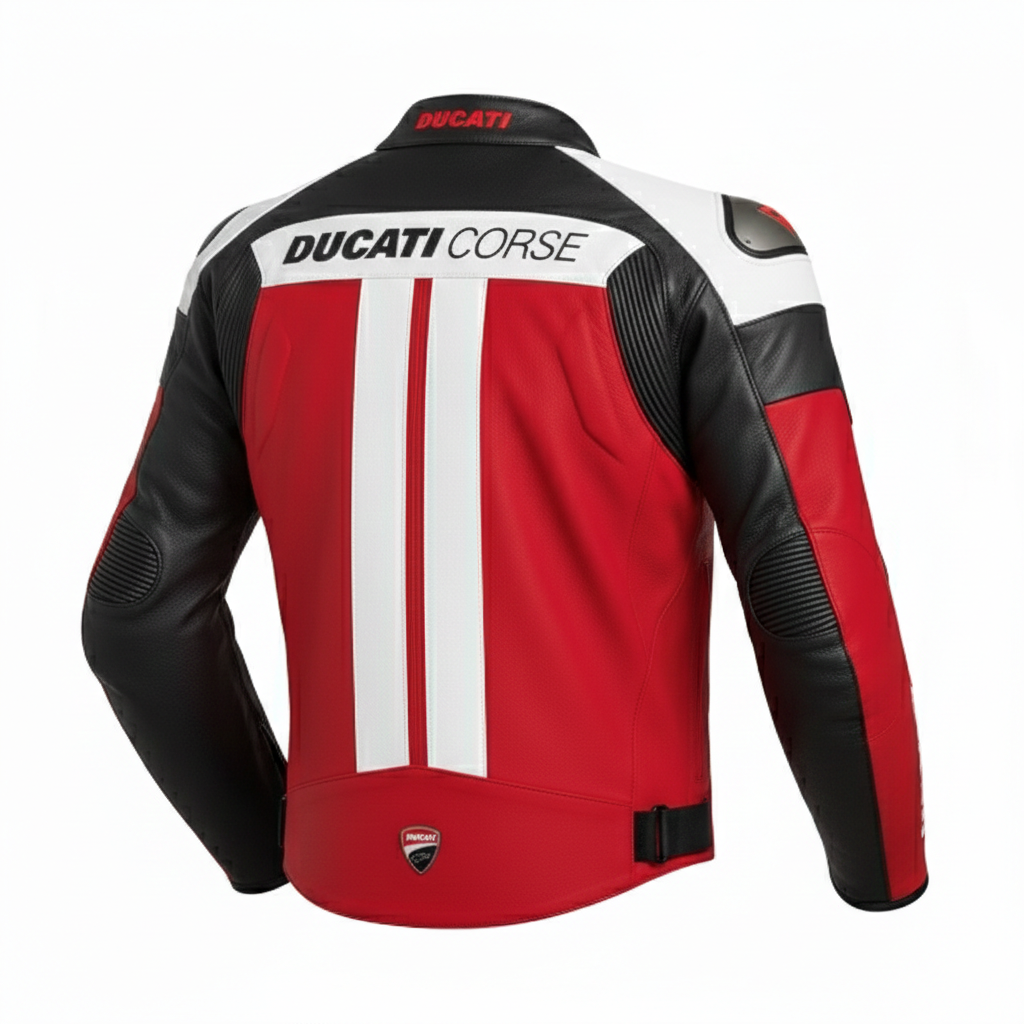 Detailed view of the Ducati Corse chest branding, , and perforated leather panels on a professional racing jacket.
