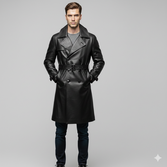 Men's onyx black leather trench coat with double-breasted buttons and an adjustable waist belt.