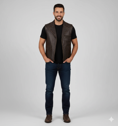 Full-length photo of a man wearing a rugged brown leather vest over a black t-shirt and dark blue jeans.