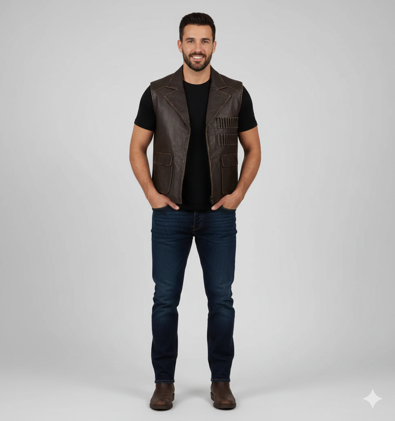 Full-length photo of a man wearing a rugged brown leather vest over a black t-shirt and dark blue jeans.