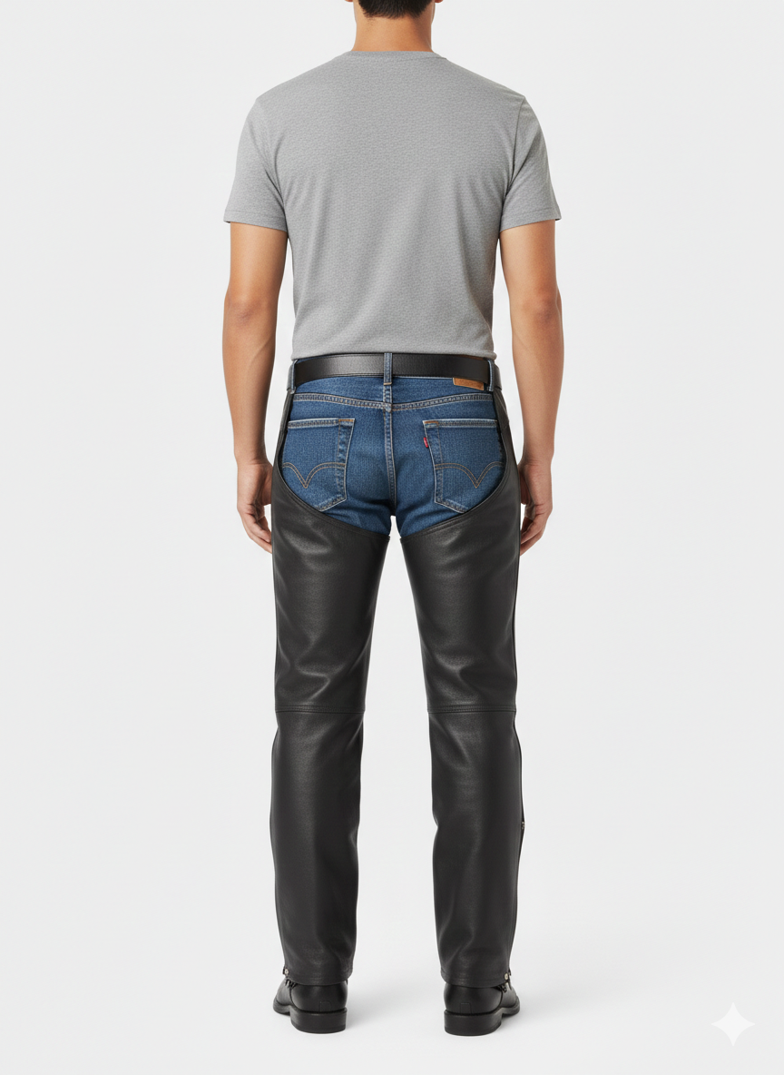Male model wearing protective black leather chaps