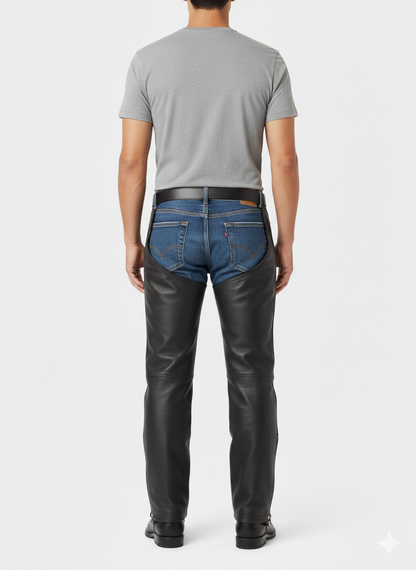 Male model wearing protective black leather chaps