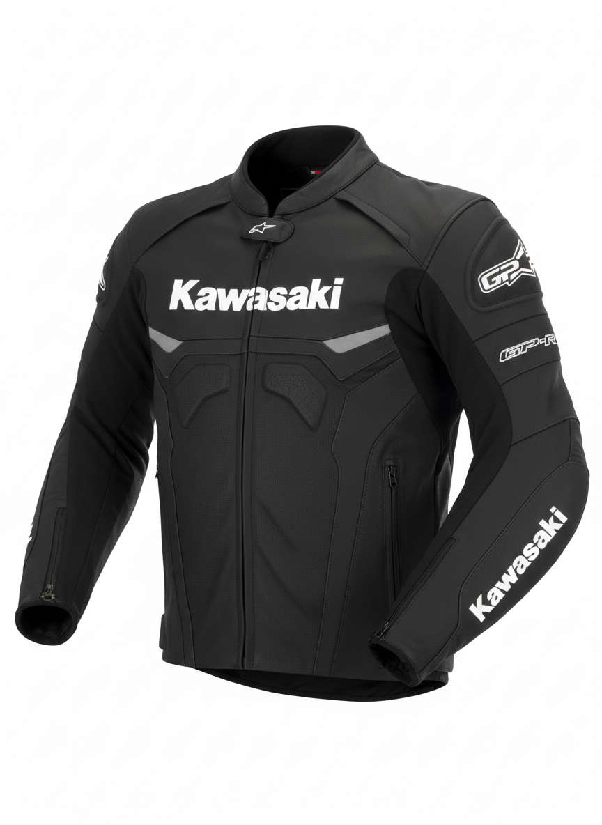 Kawasaki stealth black leather motorcycle racing jacket with white logos and aerodynamic speed hump.