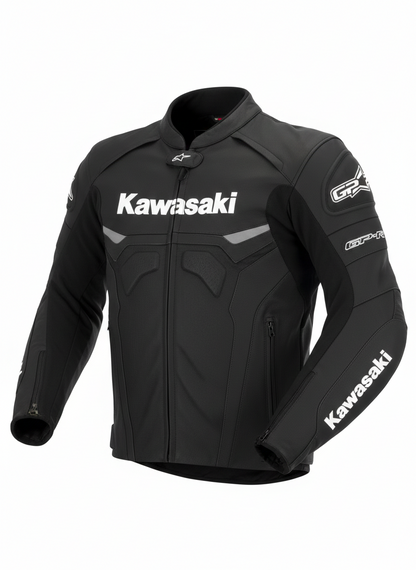 Kawasaki stealth black leather motorcycle racing jacket with white logos and aerodynamic speed hump.