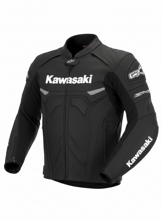 Kawasaki stealth black leather motorcycle racing jacket with white logos and aerodynamic speed hump.