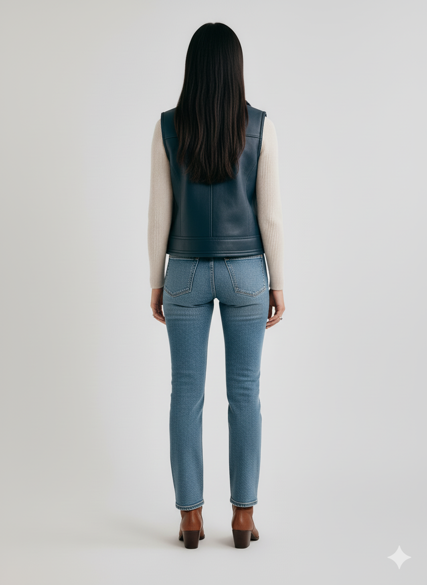 Navy blue shearling collar vest paired with brown ankle boots and blue denim.