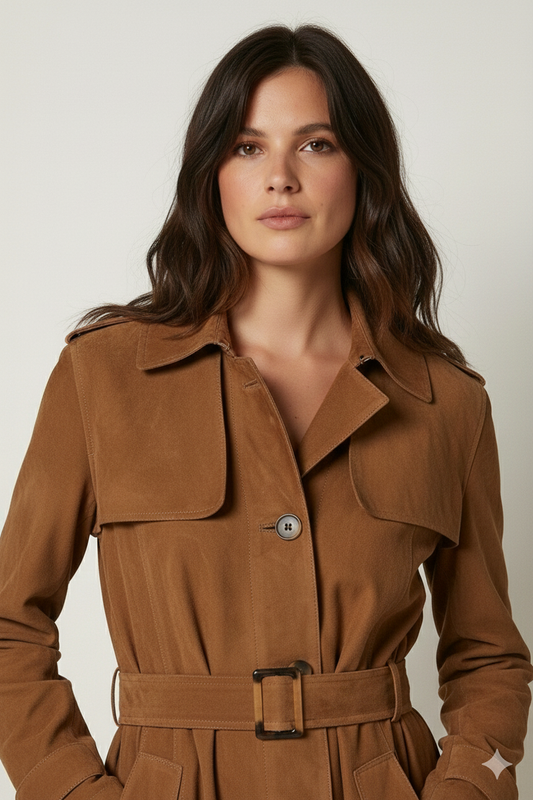 Midi-length warm brown suede-effect coat for women featuring a pointed collar and adjustable cuff straps.