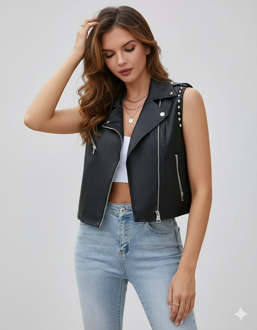 Women's black leather cropped biker vest with an asymmetrical zipper and metal studding on the shoulders.