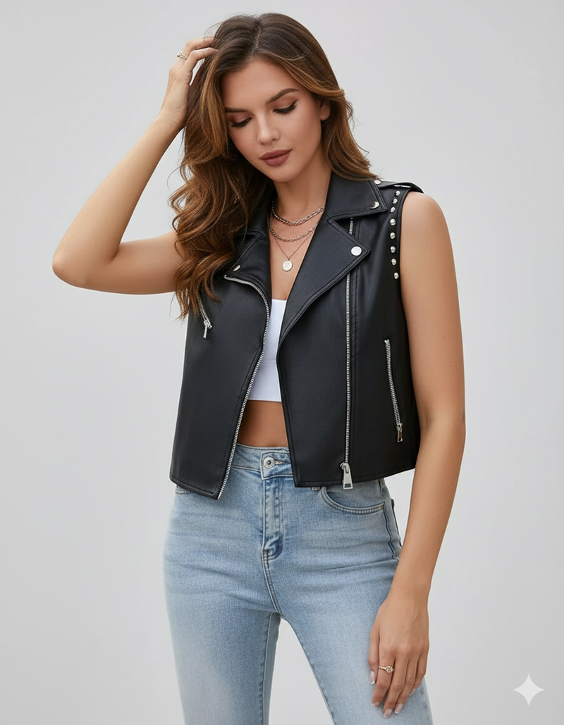 Women's black leather cropped biker vest with an asymmetrical zipper and metal studding on the shoulders.