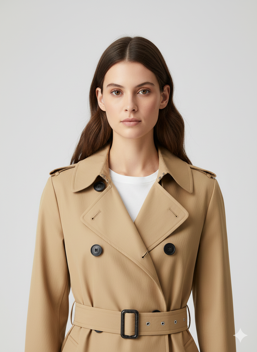 Full-length khaki-tan cotton coat for women featuring black buttons, shoulder epaulettes, and buckled cuffs.