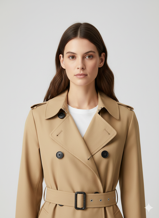 Full-length khaki-tan cotton coat for women featuring black buttons, shoulder epaulettes, and buckled cuffs.