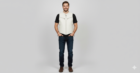 Men's off-white leather biker vest with a stand collar and silver vertical zipper pockets.