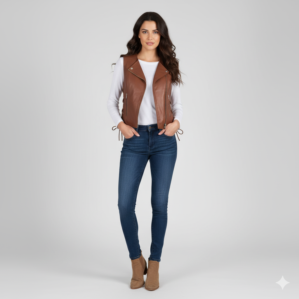 Full-length photo of a woman wearing a brown leather moto vest over a white long-sleeve shirt and blue skinny jeans.