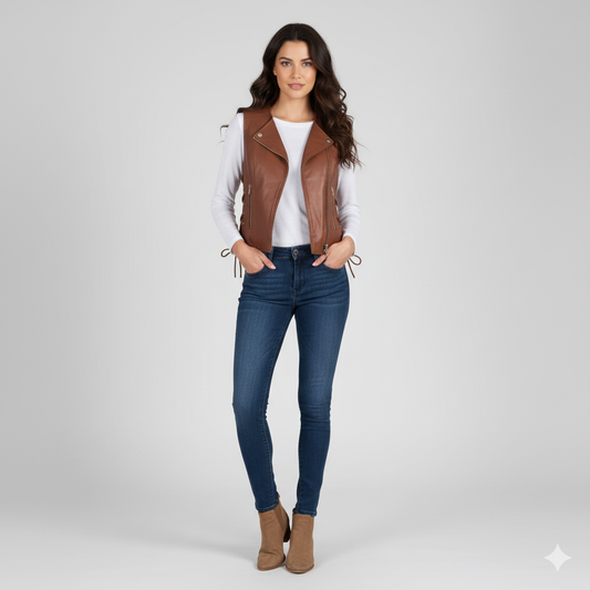 Full-length photo of a woman wearing a brown leather moto vest over a white long-sleeve shirt and blue skinny jeans.