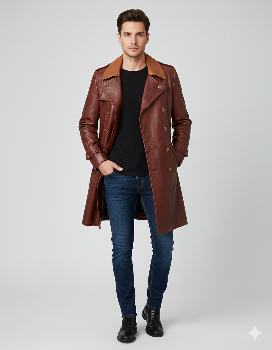 Men's mahogany leather double-breasted trench coat with tan contrast lapels and metallic buttons.