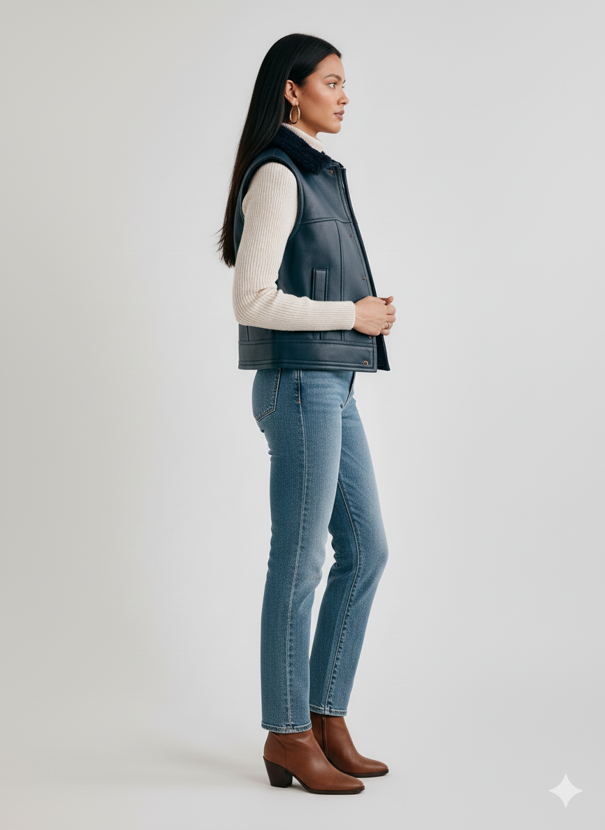 Structured dark blue leather vest with a soft shearling collar and gold hoop earrings, styled for winter chic.