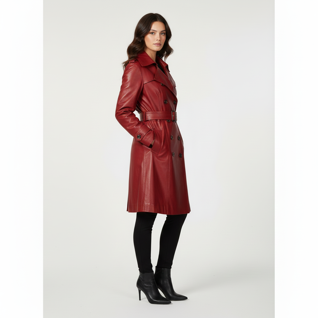 Model wearing a sophisticated burgundy belted trench coat over a black top and trousers with boots.