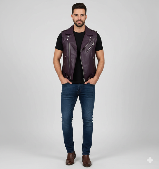 Men's purple leather biker vest with asymmetrical zipper, notched lapels, and silver hardware.